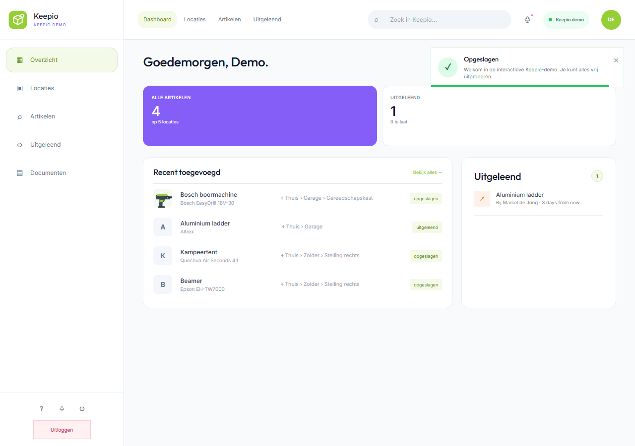 Keepio dashboard met spullen, locaties en uitgeleende spullen